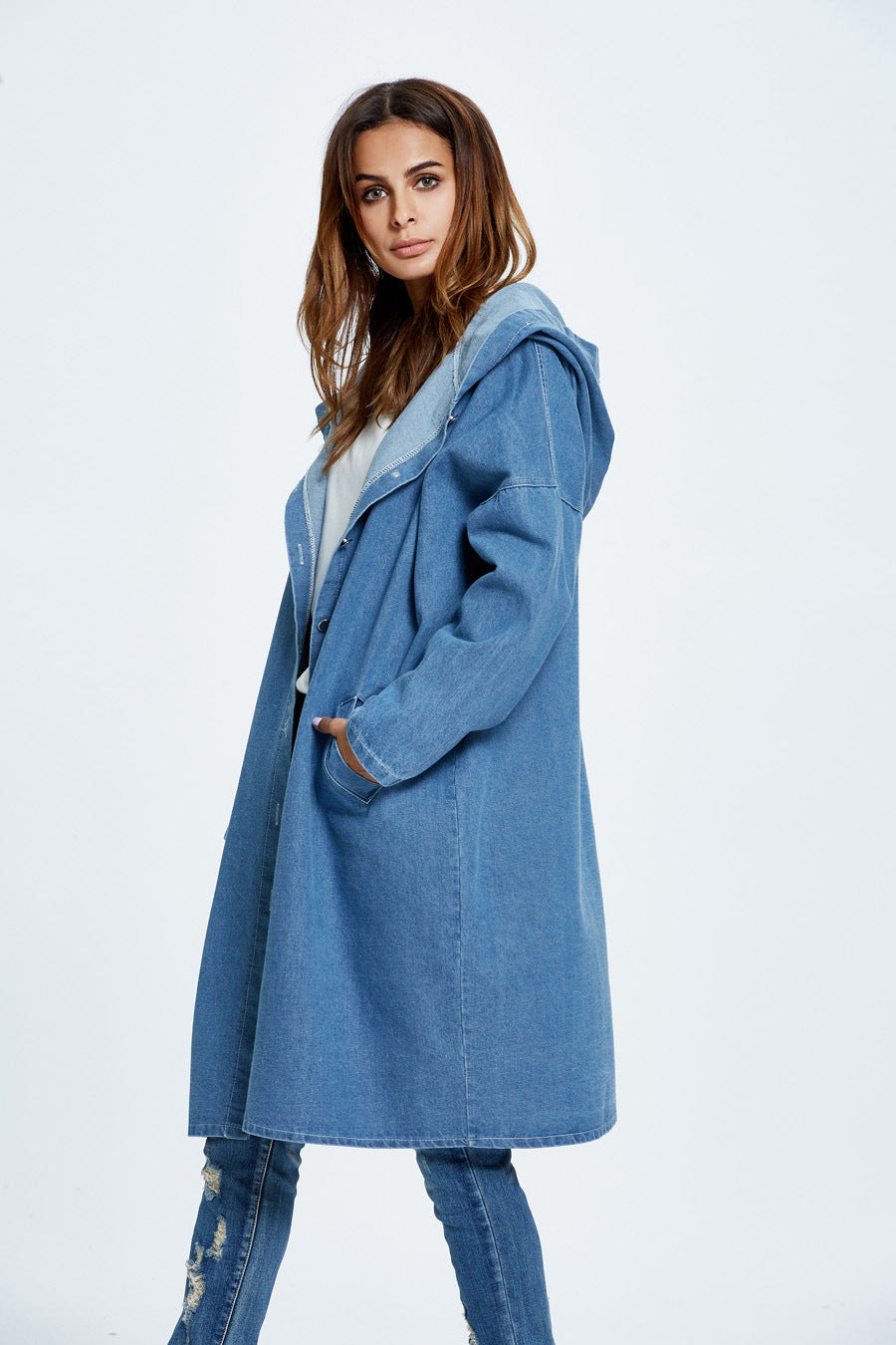 Long Hooded Denim Coat Blue / One Size coats