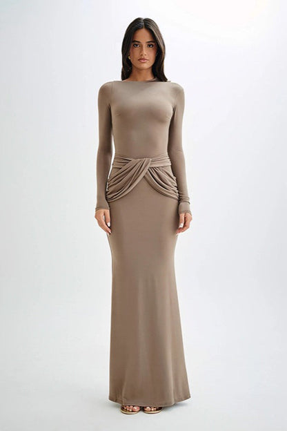 Long Sleeve Crew Neck Maxi Dress Khaki / S