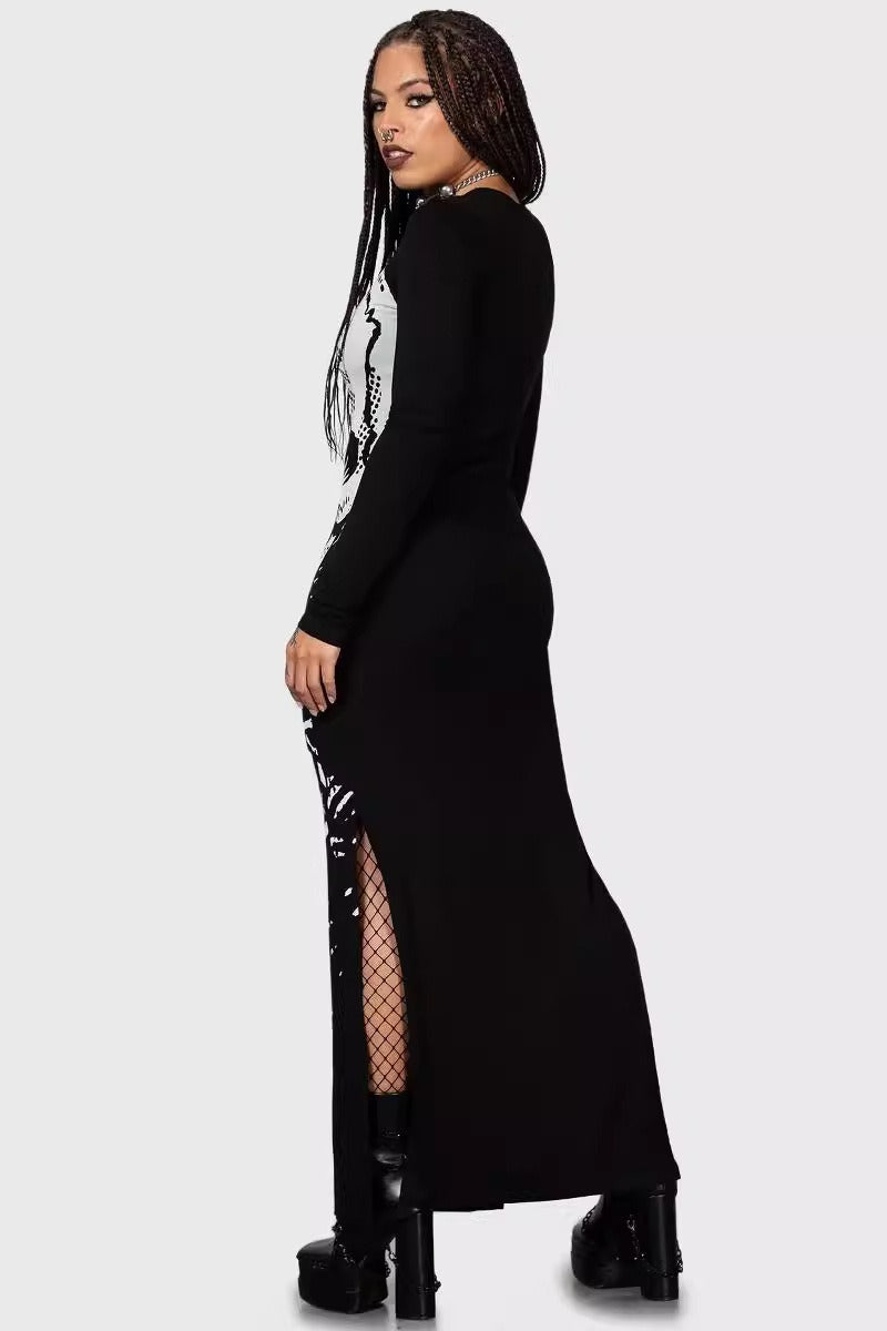 Gothic Skull Long Sleeve Slit Dress