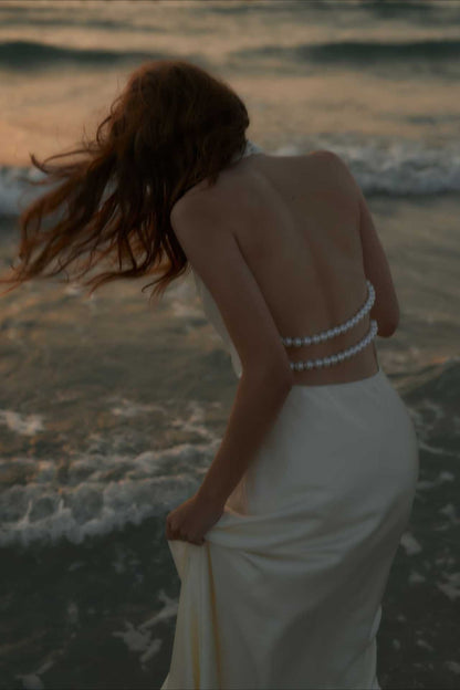 Satin V-Neck Halter Backless Maxi Party Dress