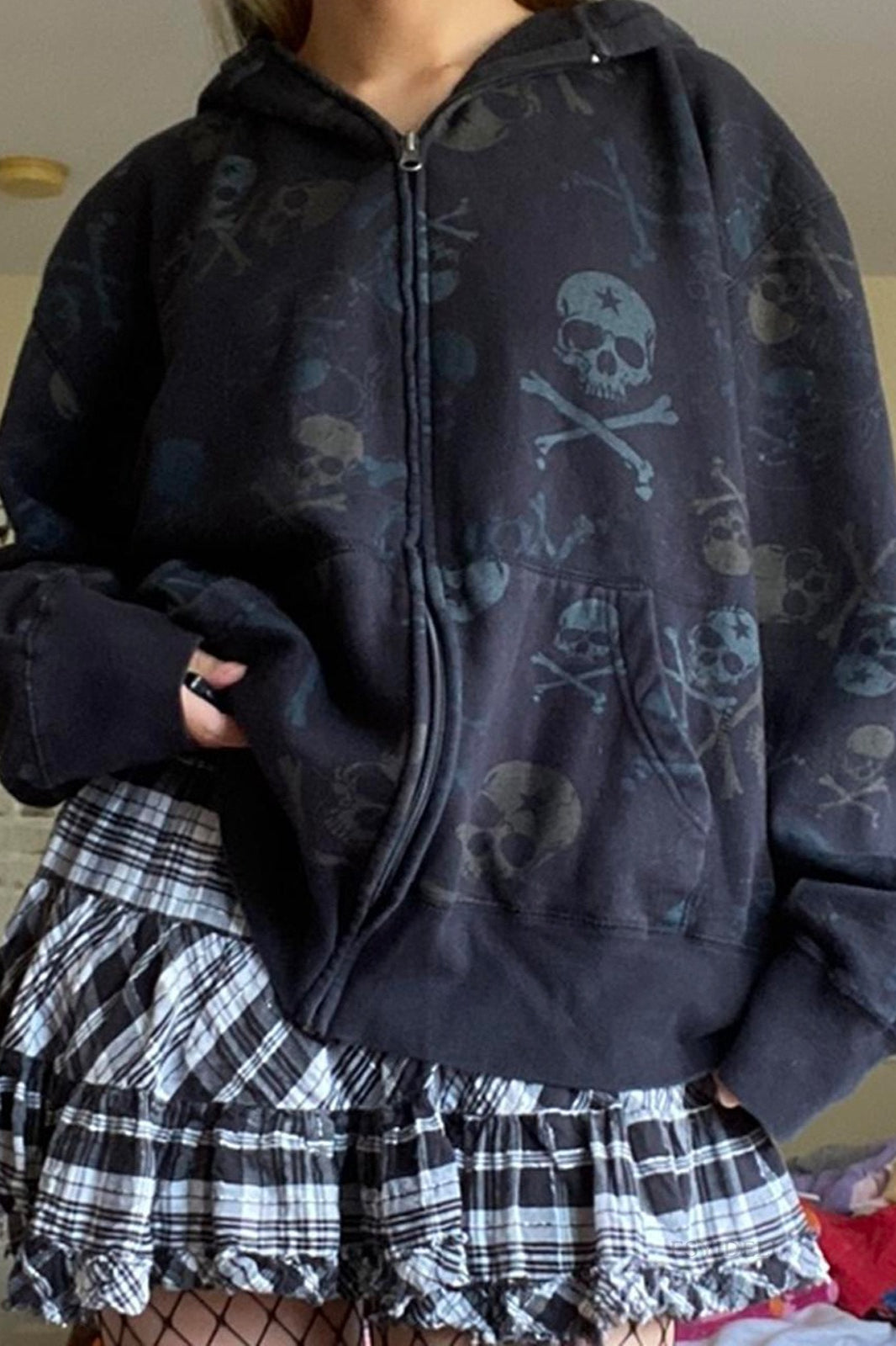 Halloween Skull Print Zip Up Hoodie