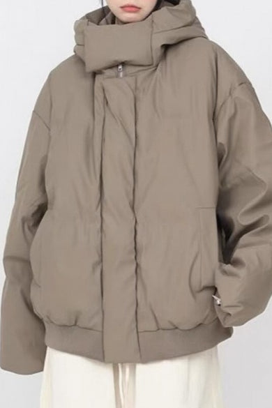 Stand Collar High Neck Hooded Puffer Jacket M / Brown