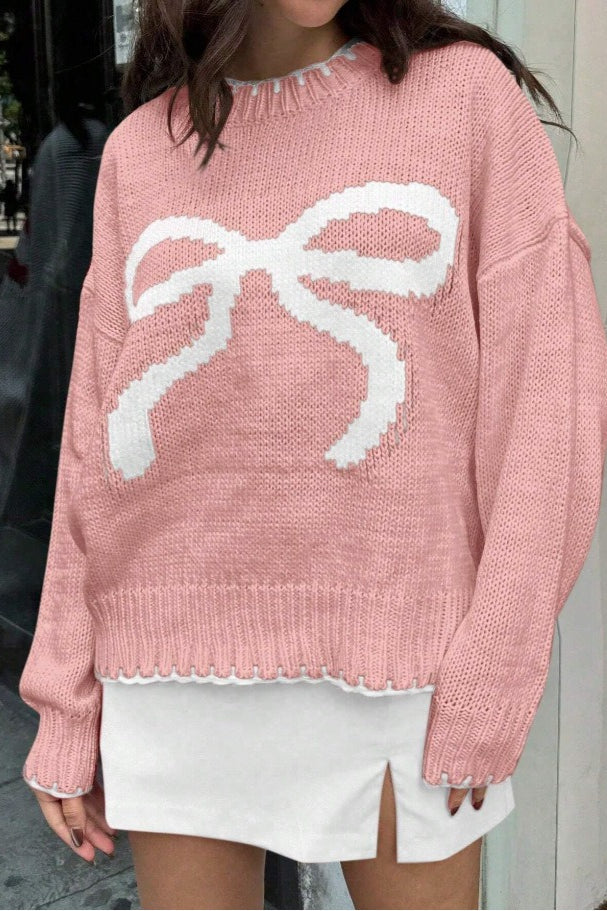 Bow Jacquard Knit Pullover Sweater