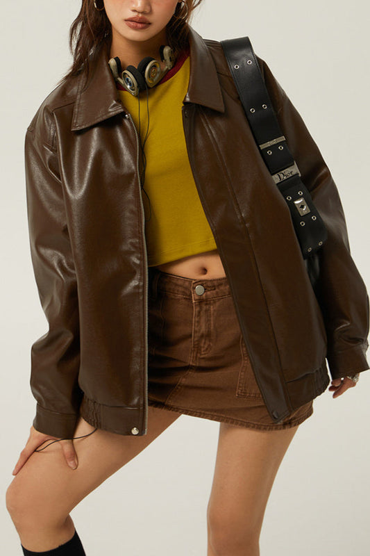 Retro Loose Fit Moto Jacket Brown / S