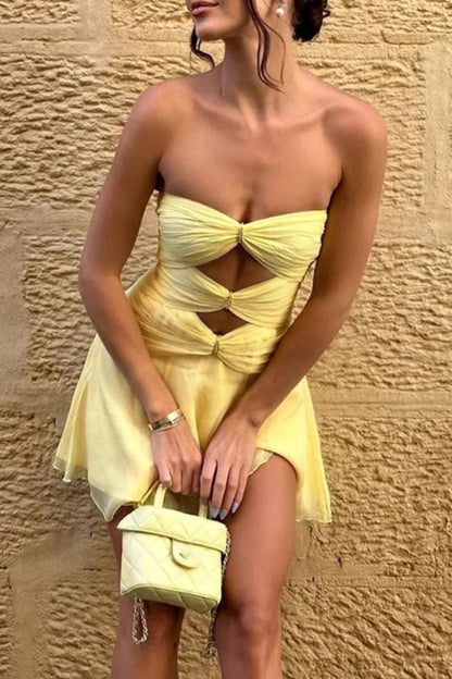 Solid Pleat Strapless Mini Dress