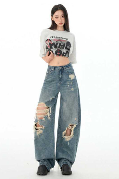 Retro Distressed Long Straight Leg Jeans