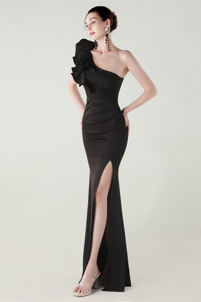 Ruffled Floral One Shoulder Satin Party Dress