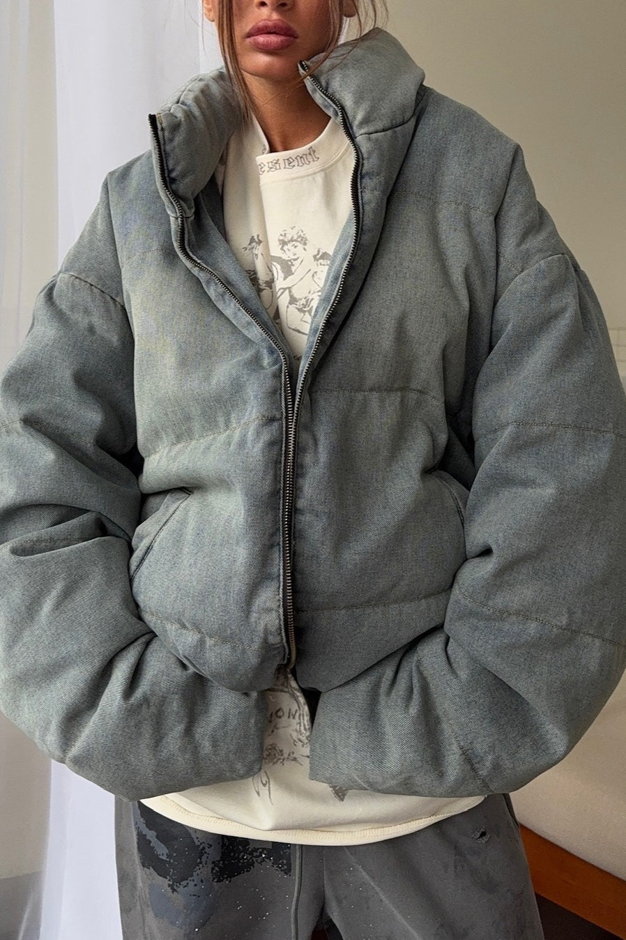 Washed Denim Stand Collar Puffer Jacket