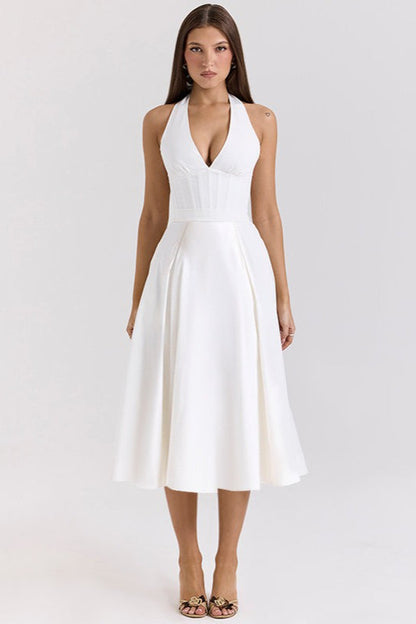 Elegant Deep V Halter Backless Maxi Party Dress