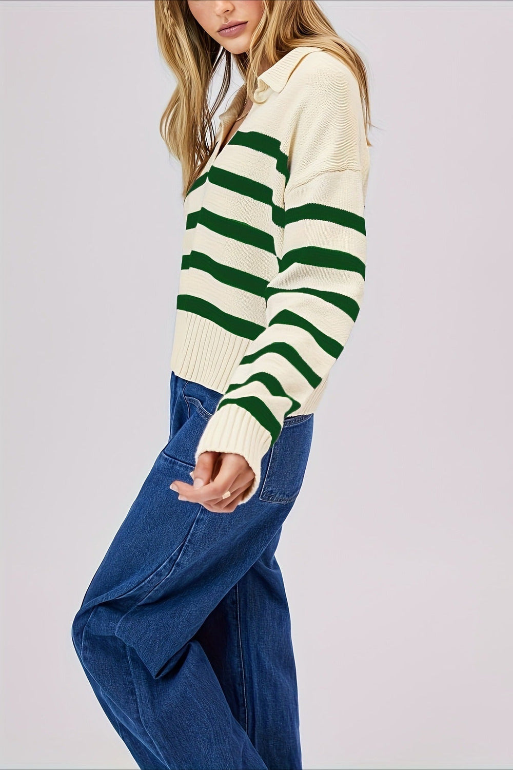 Striped Wool Collar V Neck Sweater Green / S