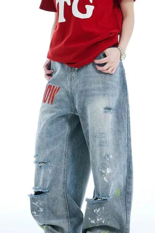 Washed Embroidered Loose Jeans Blue / S