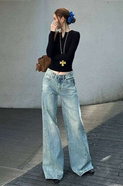 Washed Wide Leg Distressed Jeans