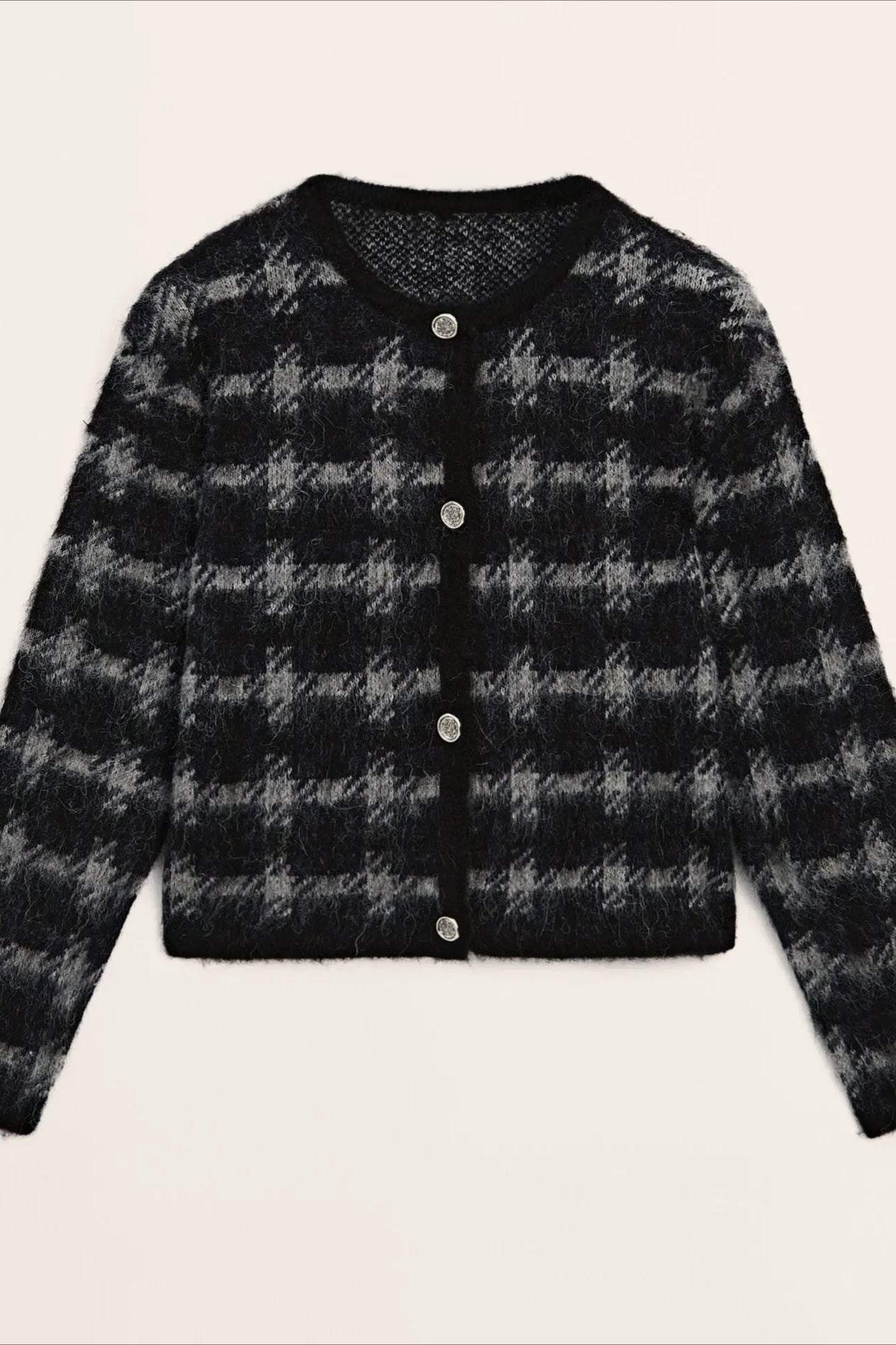 Casual Gray Plaid Knit Cardigan Black / XS