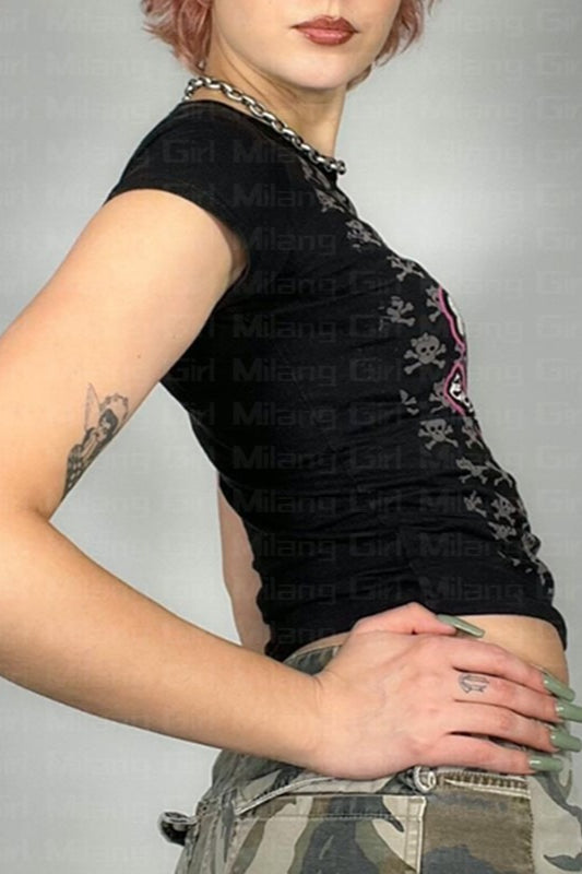 Skull Print Slim Fit Crop T-Shirt