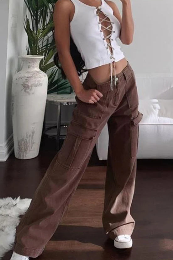 High Waist Loose Denim Jeans Khaki / S