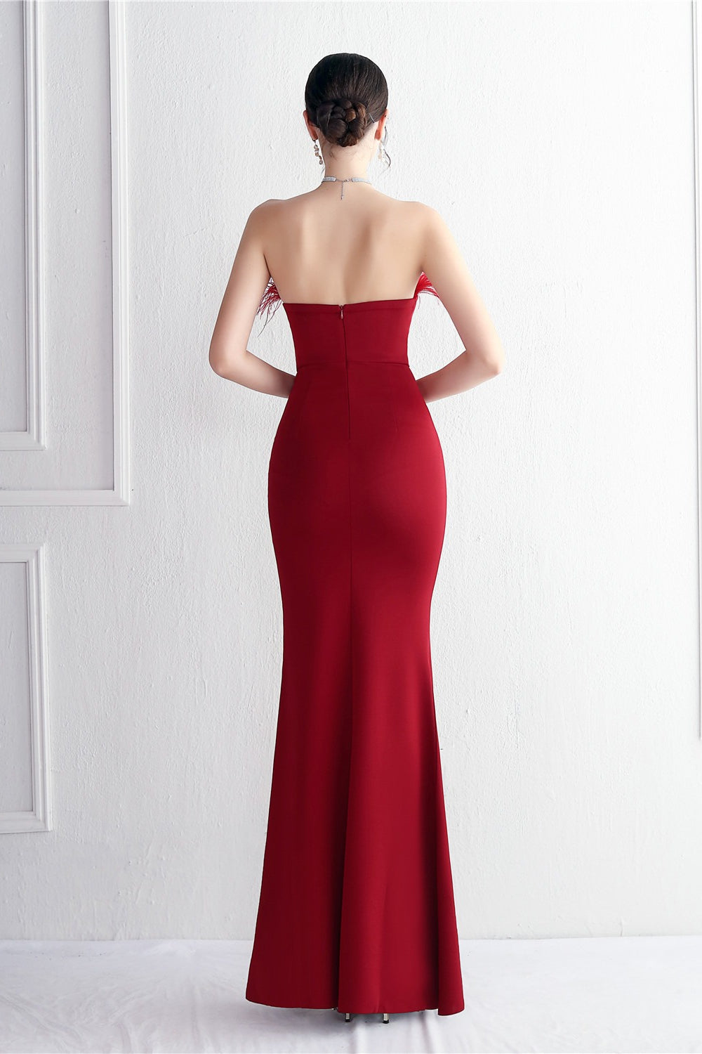 Elegant Feather Trim Strapless Formal Dress S / Claret