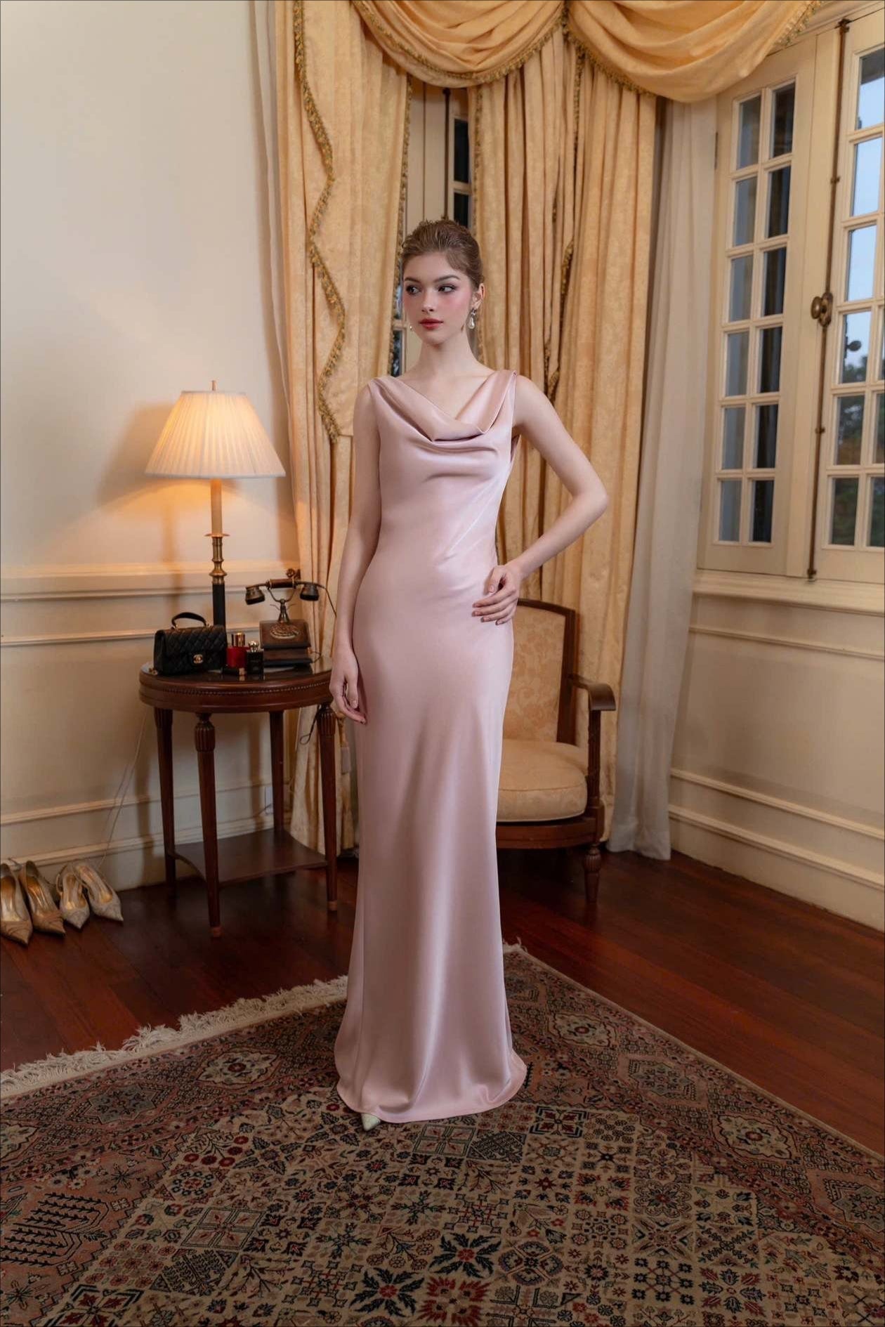 Solid Satin Evening Maxi Dress