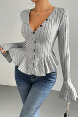 Flounced V-Neck Bodycon Knit Top