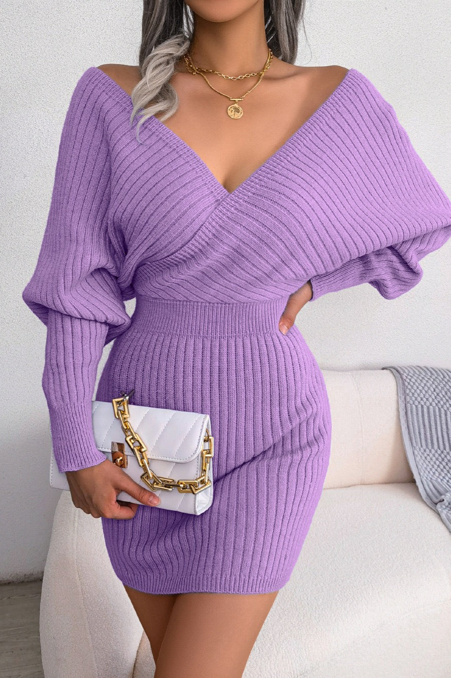 Cross V-Neck Batwing Fitted Sweater Dress S / Purple