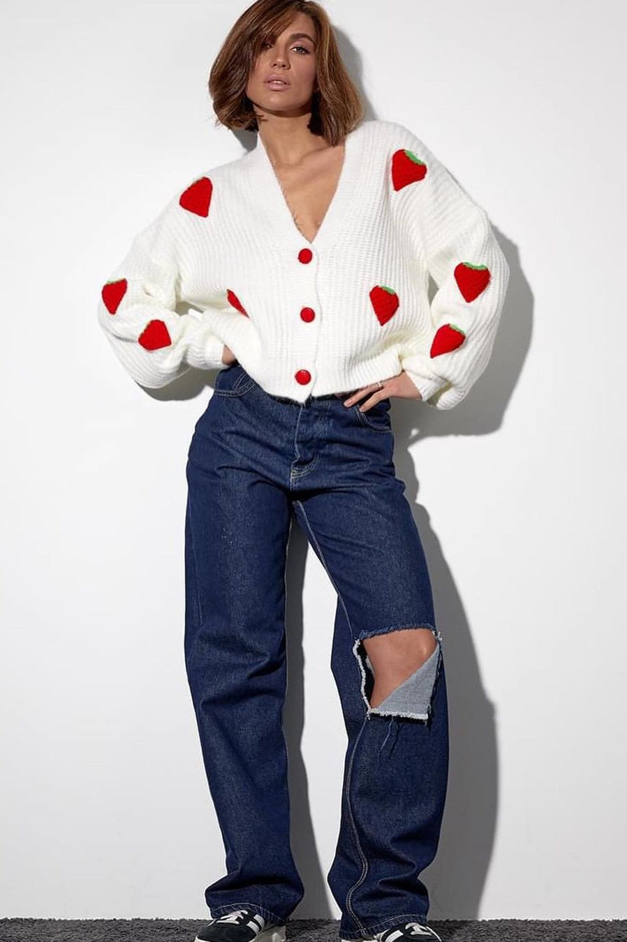 Strawberry Appliqué Chunky Knit Sweater