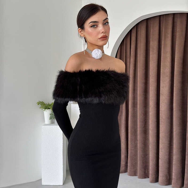 Onyx Fur Midi Dress - Black