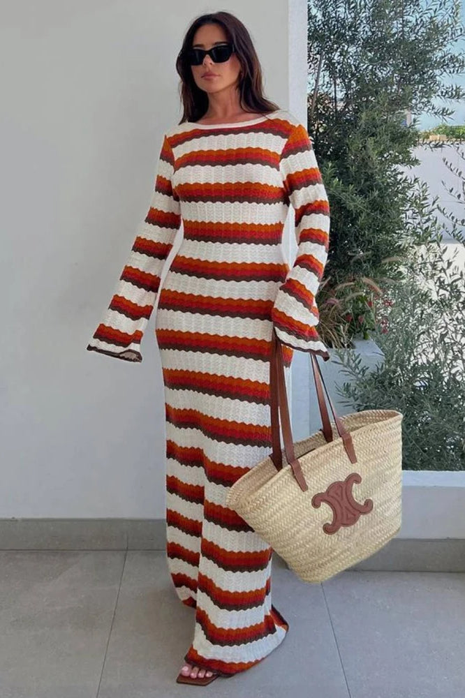 Striped Contrast Knit Hollow Out Long Sleeve Maxi Dress
