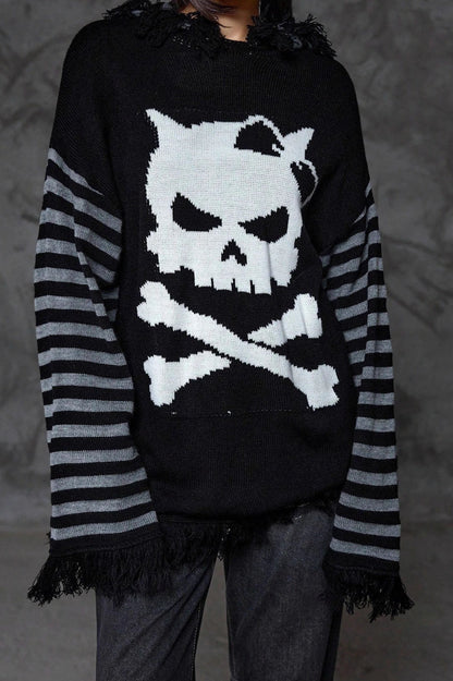 Y2K Skull Striped Knit Hoodie