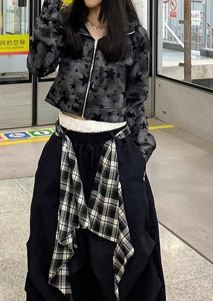 Street Style Star Print Zip-Up Hoodie