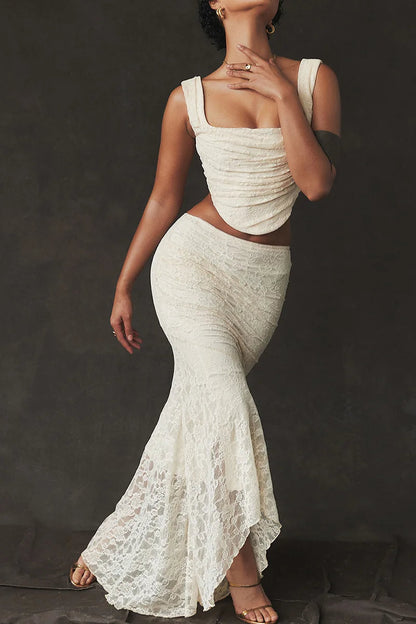 Elegant Lace Up Crop Top & Maxi Skirt Boho Dress
