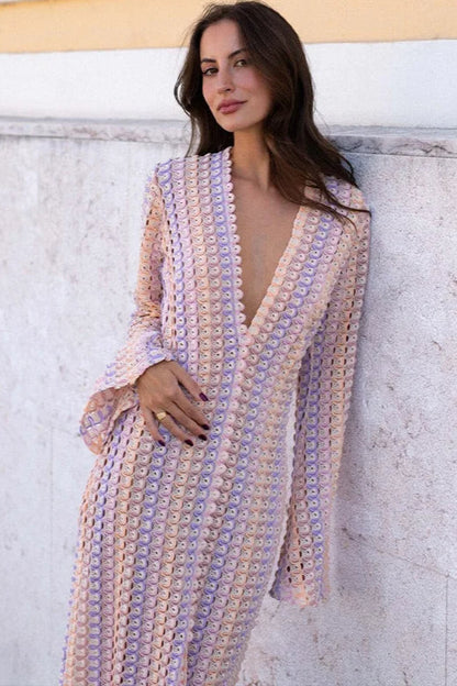 Crochet Colorful Stripe V-Neck Flare Sleeve Maxi Dress