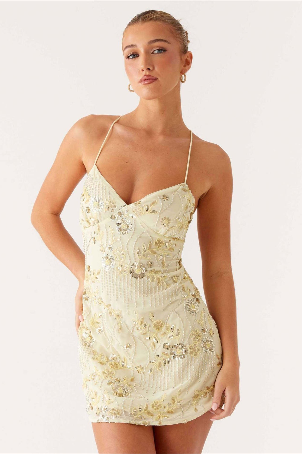 Colorful Beaded Back Tie Cocktail Dress S / Beige