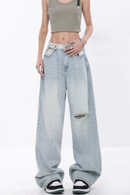 High Waist Draped Gradient Ripped Jeans Light Blue / S