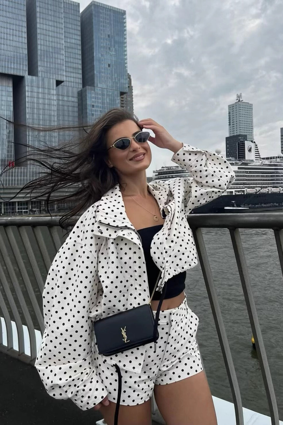 Polka Dot Drawstring Top Two Pieces Set