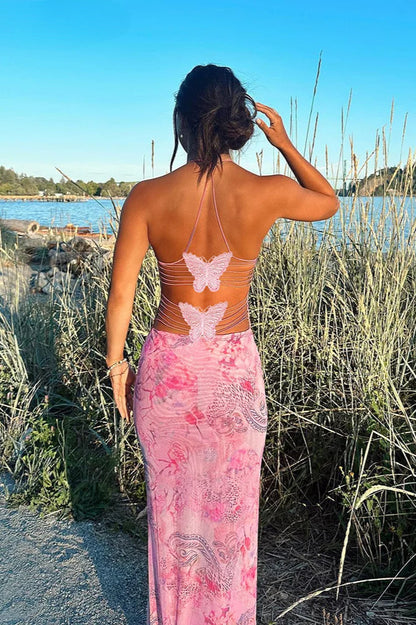 Weird Puss Print Backless Maxi Dress