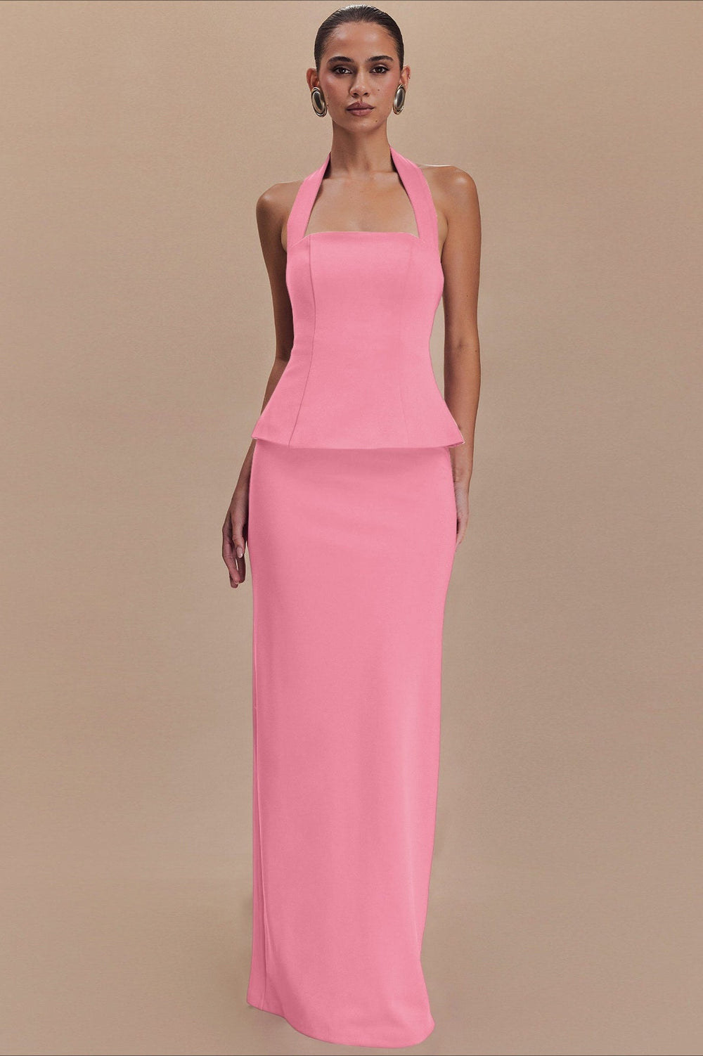 Solid Halter Backless Maxi Formal Dress S / Pink