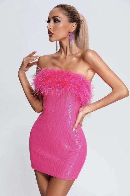 Sequin Faux Fur Off Shoulder Party Dress