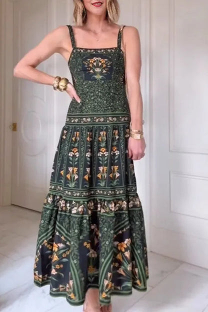 Ethnic Vintage Print A Line Boho Dres Green / S