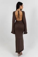 Backless Tie Maxi Sweater Dress S / Brown