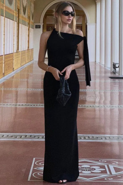 Elegant One Shoulder Asymmetric Tie Maxi Dress
