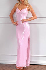 Pink Sequin V-Neck Slit Party Dress XS / Pink