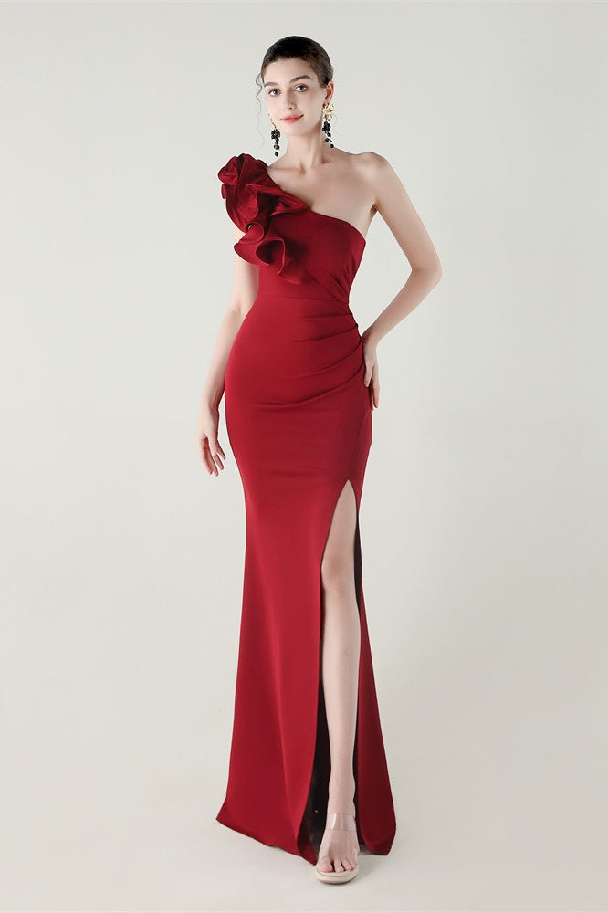 Ruffled Floral One Shoulder Satin Party Dress