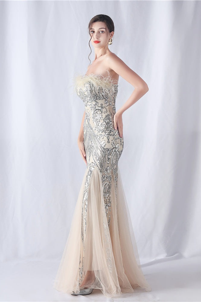 Ostrich Feather Sequin Evening Party Dress Silver / S
