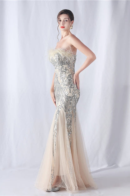 Ostrich Feather Sequin Evening Party Dress Silver / S