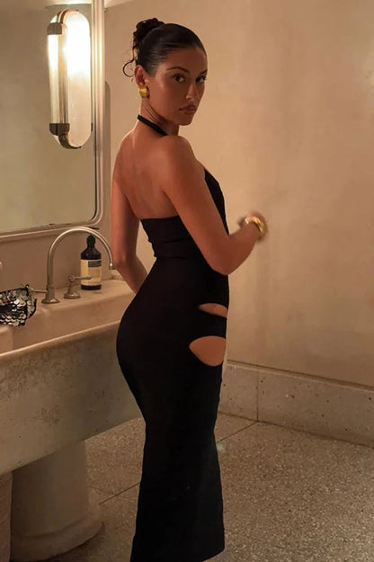 Irregular Hollow Halter Low-Neck Backless Maxi Dress