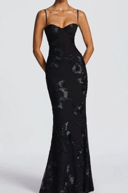 Strapless Floral Embroidered Maxi Dress Black / XS