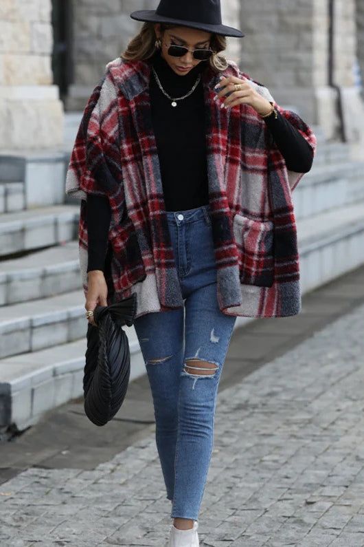 Fuzzy Plaid Hooded Short Sleeve Coat coats