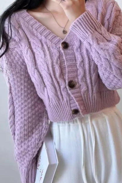 Knitted Open Front V Neck Slim Cardigan One Size / Purple