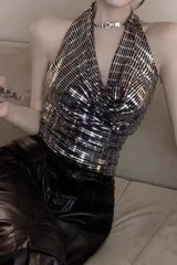 Sequin Halter Backless Crop Top