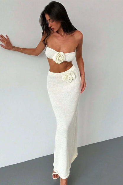 Knit Floral Patchwork Tube Top Boho Dress White / S