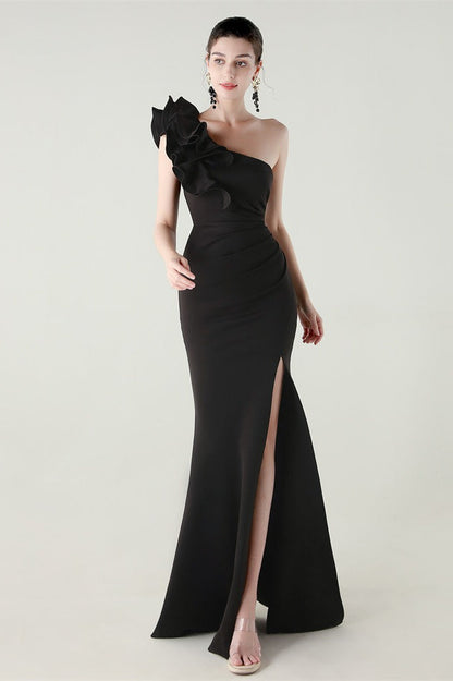 Ruffled Floral One Shoulder Satin Party Dress Black / S